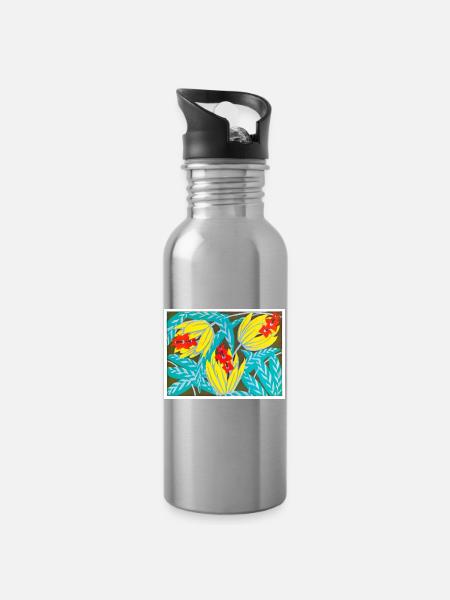 Crimson Flowers and Golden Leaves - Water bottle with straw - silver