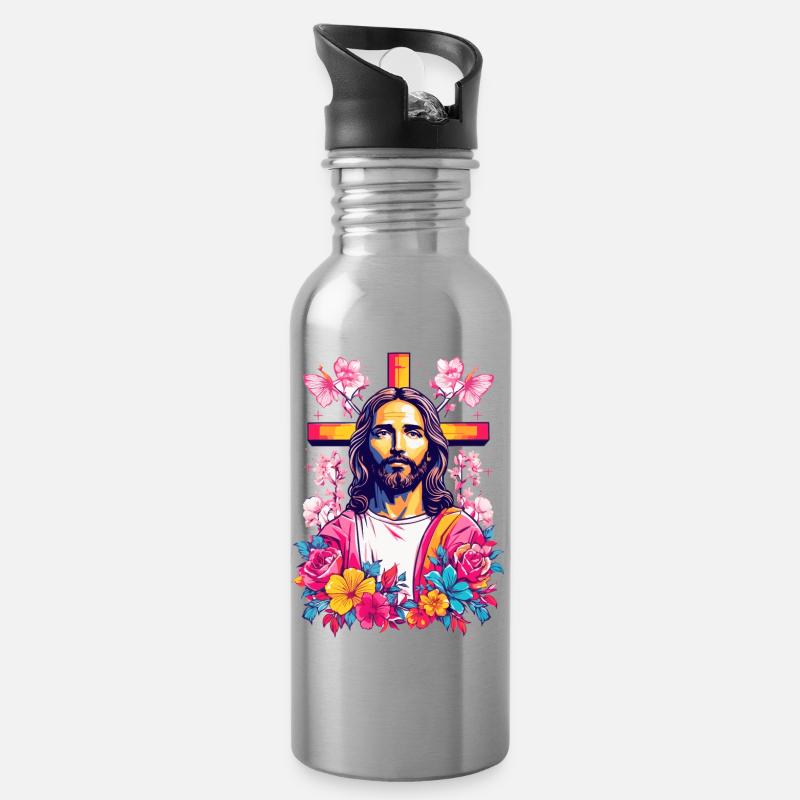 Jesus Christus - Trinkflasche mit integriertem Trinkhalm - Lightsilver