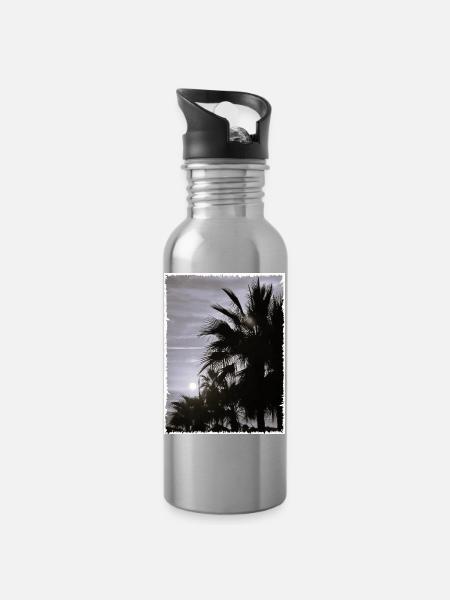 Palme mit Rand SW - Trinkflasche mit integriertem Trinkhalm - Lightsilver