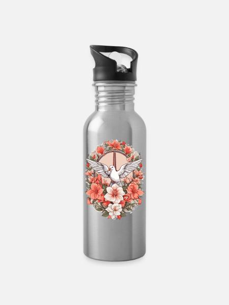 Friedenszeichen mit Taube - Trinkflasche mit integriertem Trinkhalm - Lightsilver