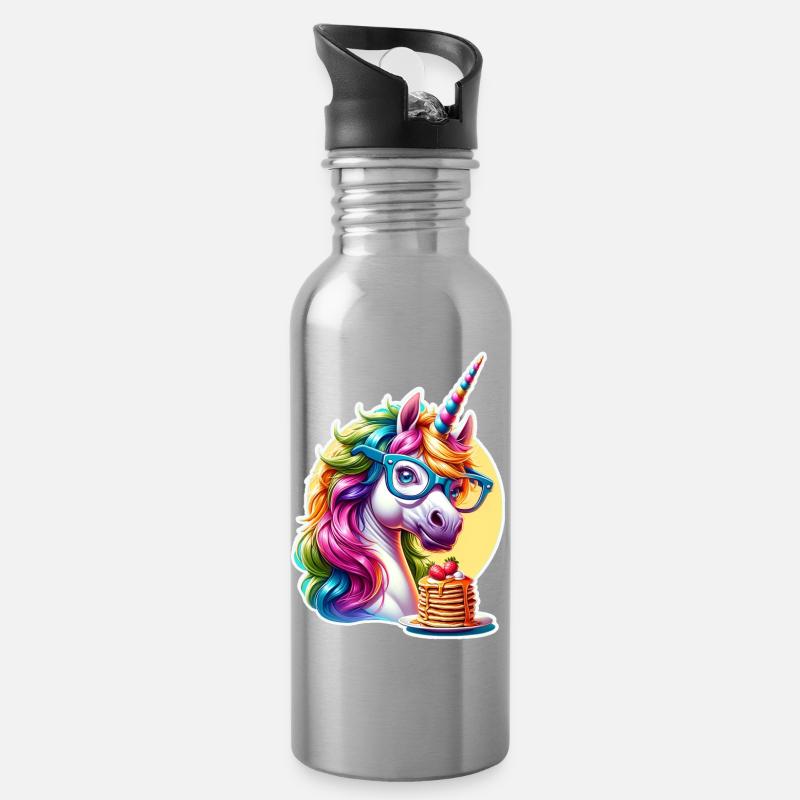 Regenbogen Unicorn mit Brille - Trinkflasche mit integriertem Trinkhalm - Lightsilver