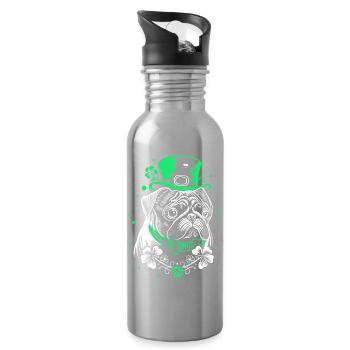 Pug with St Patrick's Day Hat - Water bottle with straw - silver - Right