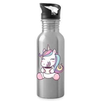 Süßes Einhorn mit Kaffeetasse - skurriler Cartoon - Trinkflasche mit integriertem Trinkhalm - Lightsilver - Rechts