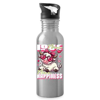 Moo Love, Moo Happiness – Cute Cow Design - Water bottle with straw - silver - Right