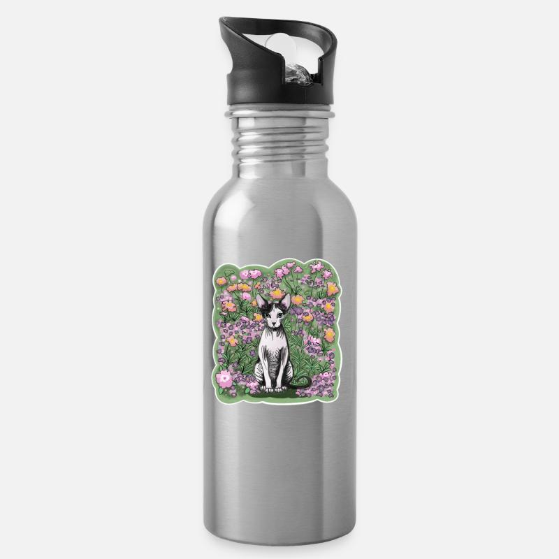 Illustration einer Sphynxkatze zwischen Blumen - Trinkflasche mit integriertem Trinkhalm - Lightsilver