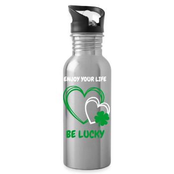 Enjoy Life & be lucky – Herz mit Kleeblatt - Trinkflasche mit integriertem Trinkhalm - Lightsilver - Rechts