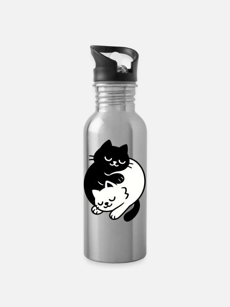 Ying-Yang Cats #2 - Water bottle with straw - silver