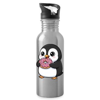 Cute penguin cartoon with donut dessert fun - Water bottle with straw - silver - Right
