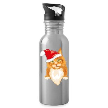 Cute peeking ginger cat in Christmas hat - Water bottle with straw - silver - Right