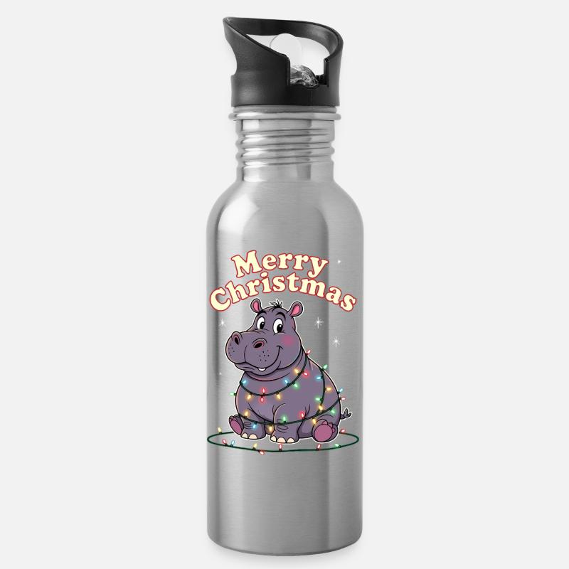 Hippopotames du Zoo de Noël d’Afrique Joyeux Noël - Gourde avec paille intégrée - argent clair