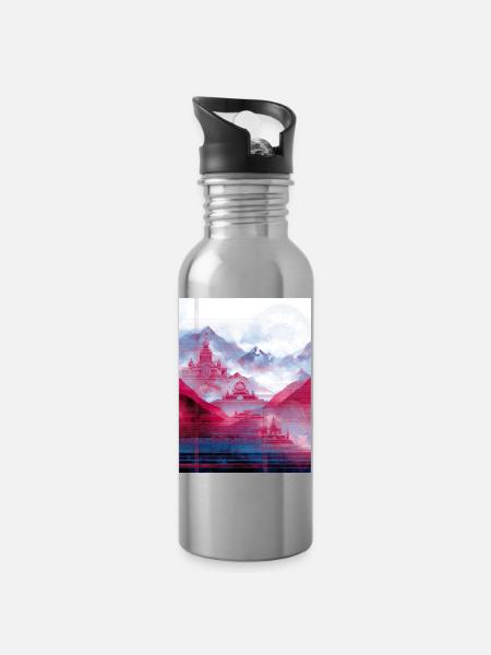 Psy-Art - Tempel über Berglandschaft - Trinkflasche mit integriertem Trinkhalm - Lightsilver