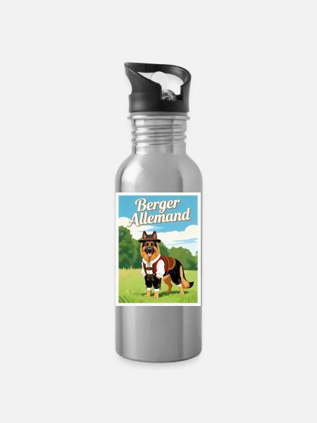 German Shepherd in Bavarian costume - Water bottle with straw - silver