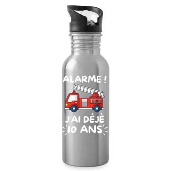 10 Year Old Fire Truck, Boy Birthday - Water bottle with straw - silver - Right