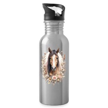 Brown horse with roses - Water bottle with straw - silver - Right