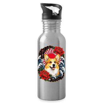 Welsh Corgi im japanischen Irezumi Stil - Trinkflasche mit integriertem Trinkhalm - Lightsilver - Rechts