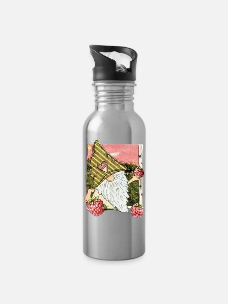 Garden gnome with raspberries - Water bottle with straw - silver