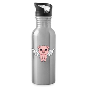Cute Pig Cartoon Angel with Wings Farm - Water bottle with straw - silver - Right