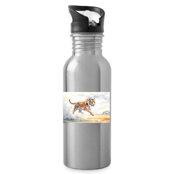 Tiger in Aktion - Trinkflasche mit integriertem Trinkhalm - Lightsilver - Rechts
