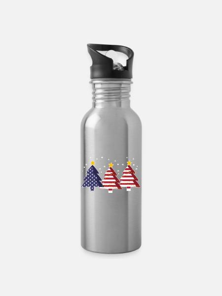 Christmas Trees America USA Flag - Water bottle with straw - silver