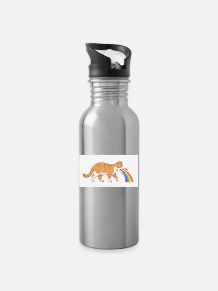 Cat Spitting Rainbow - Water bottle with straw - silver
