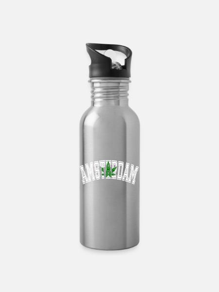 Amsterdam Design mit Cannabisblatt - Trinkflasche mit integriertem Trinkhalm - Lightsilver