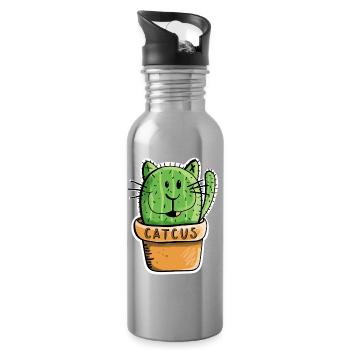 Catcus Kaktus Katze - Katzen - Kakteen -Comic -Fun - Trinkflasche mit integriertem Trinkhalm - Lightsilver - Rechts