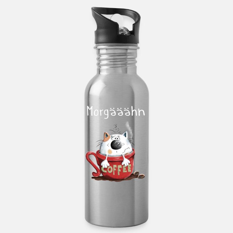 Morgähn Kaffee - Katze - Comic - Trinkflasche mit integriertem Trinkhalm - Lightsilver