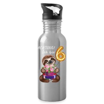 Achtung Ich bin Sechs Lustiges Faultier Geburtstag - Trinkflasche mit integriertem Trinkhalm - Lightsilver - Rechts