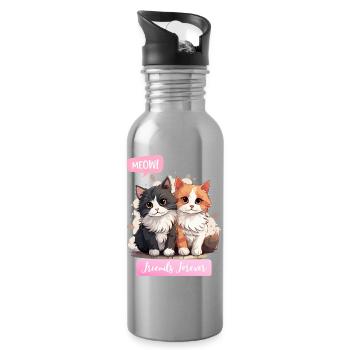 Adorable Cat Duo Friendship Illustration - Water bottle with straw - silver - Right