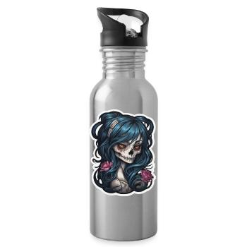 Tattoo Girl Skull Print - Water bottle with straw - silver - Right
