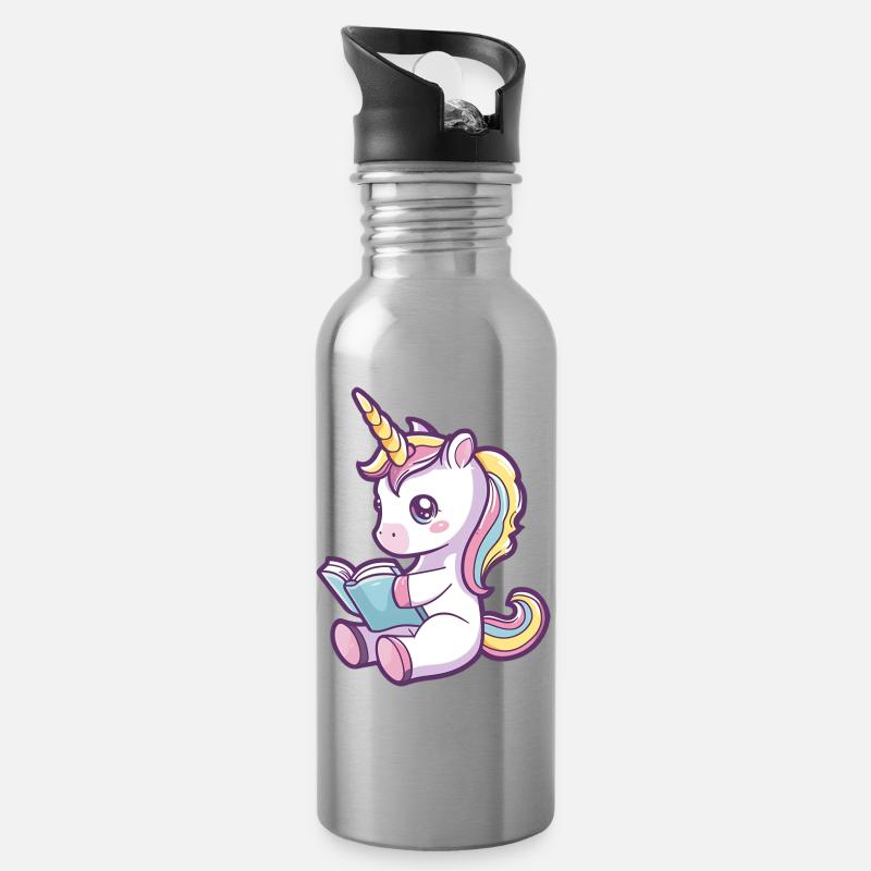 Niedliches Einhorn Cartoon liest ein Buch - Trinkflasche mit integriertem Trinkhalm - Lightsilver