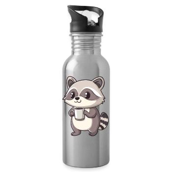 Cute Raccoon Holding Coffee Cup - Adorable design - Water bottle with straw - silver - Right