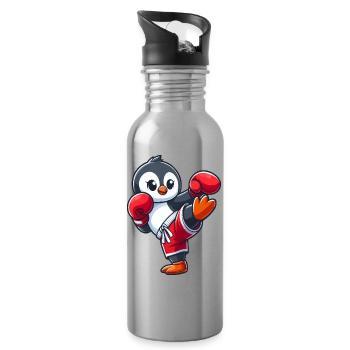 Cooler Pinguin Boxer Cartoon Kickboxer Kampfsport - Trinkflasche mit integriertem Trinkhalm - Lightsilver - Rechts