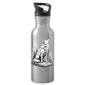 Wolf Drawing Sketch Illustration Black White - Water bottle with straw - silver - Right
