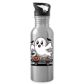 Ghost on Halloween skateboard - Water bottle with straw - silver - Right