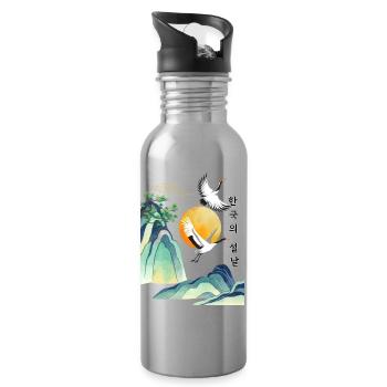 Korean Seollal Design – Cranes and Sun - Water bottle with straw - silver - Right