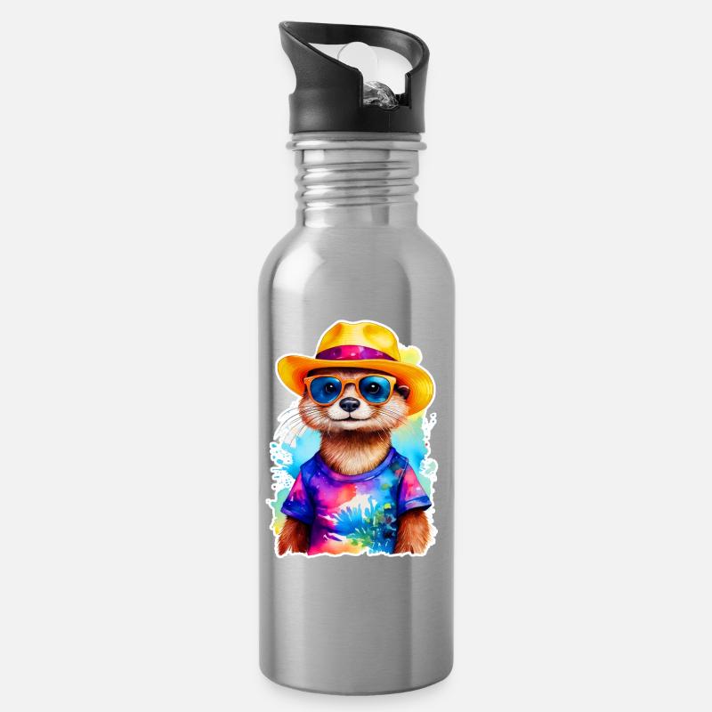 Otter mit Strohhut - Trinkflasche mit integriertem Trinkhalm - Lightsilver