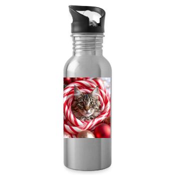 Weihnachtskatze zwischen Zuckerstangen - Trinkflasche mit integriertem Trinkhalm - Lightsilver - Rechts