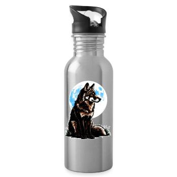 Un loup devant une lune bleue - Gourde avec paille intégrée - argent clair - Droite