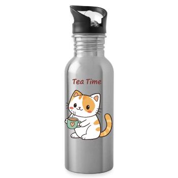 Katzentee-Zeit süß - Trinkflasche mit integriertem Trinkhalm - Lightsilver - Rechts
