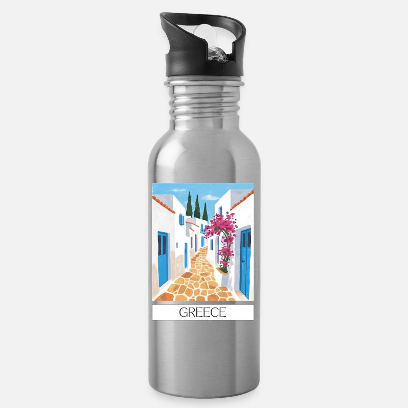 Greek Road Path Blue & White - Water bottle with straw - silver