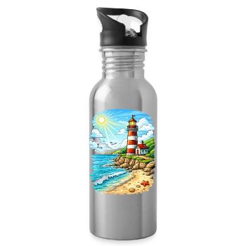 Leuchtturm am sonnigen Küstenstrand - Trinkflasche mit integriertem Trinkhalm - Lightsilver - Rechts