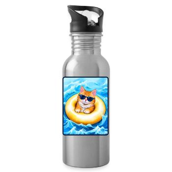 Katze im gelben Schwimmreifen - Trinkflasche mit integriertem Trinkhalm - Lightsilver - Rechts