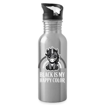 Black Unicorn Happy Color - Water bottle with straw - silver - Right