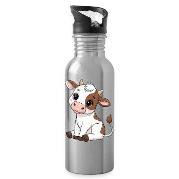 Cute Cow Calf Cartoon Motif - Water bottle with straw - silver - Right
