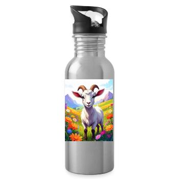 Goat in a flower meadow - Water bottle with straw - silver - Right
