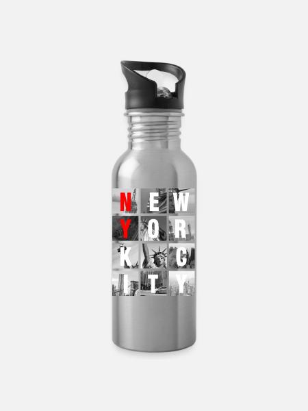New York City Collage Grid - Water bottle with straw - silver