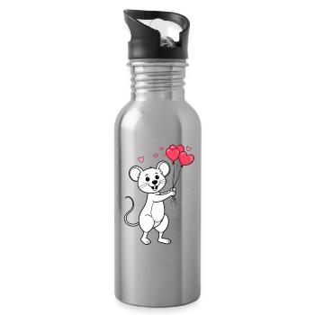 Niedliche Maus mit Luftballons zum Valentinstag - Trinkflasche mit integriertem Trinkhalm - Lightsilver - Rechts