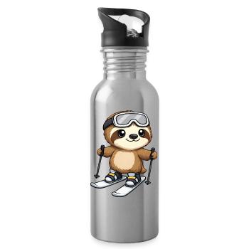 Cute Sloth Ski Skier Winter Winter Sports - Water bottle with straw - silver - Right