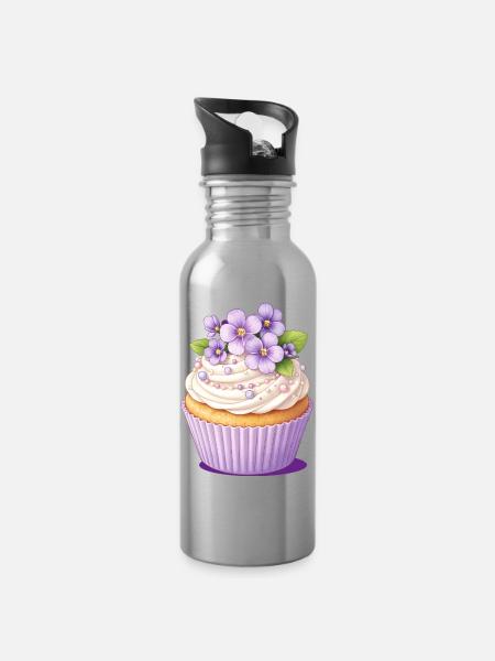 Cupcake violet avec illustration de décoration fleurie - Gourde avec paille intégrée - argent clair